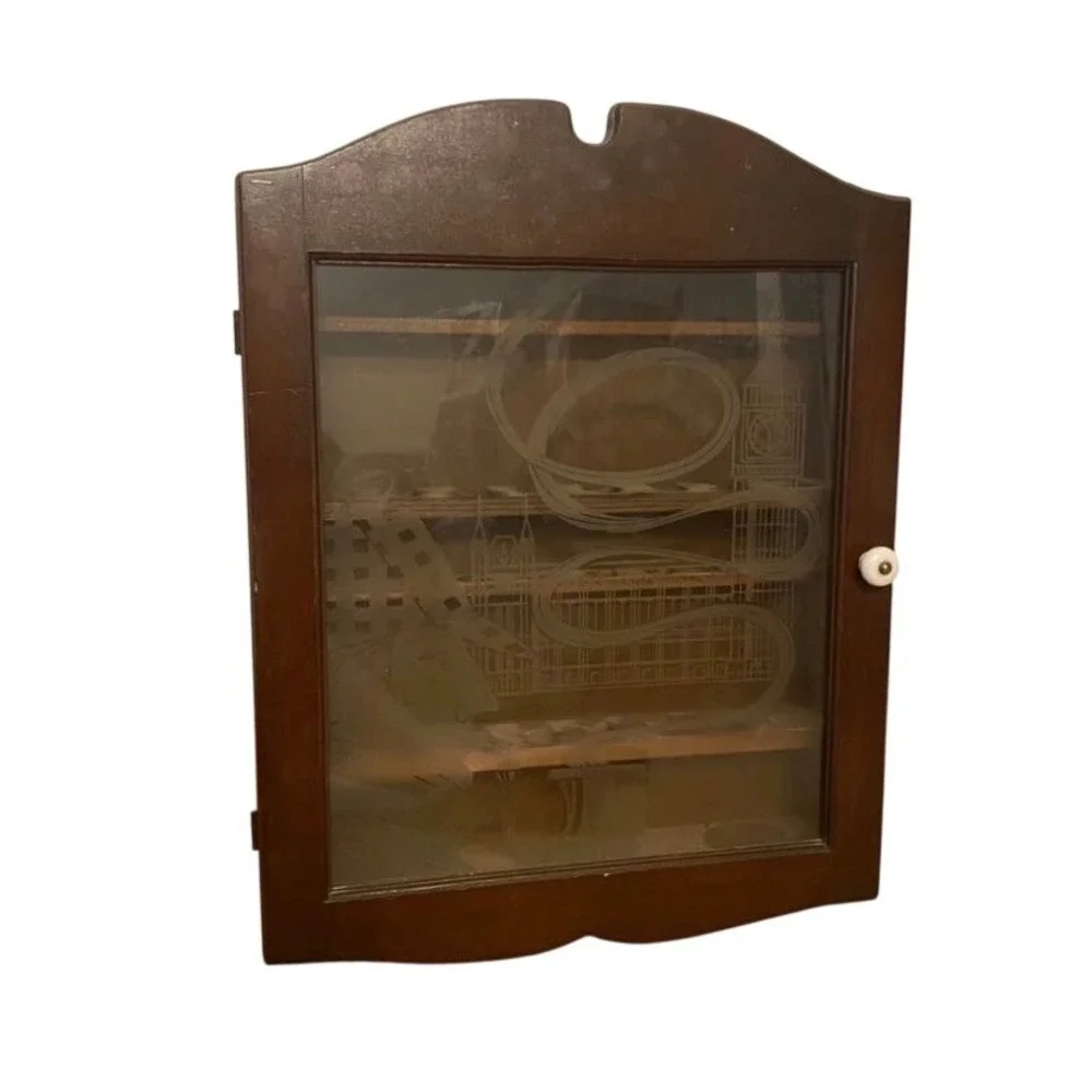 Vintage Wood Wall Display Cabinet Etched London Glass Spoon Rack Curio Case